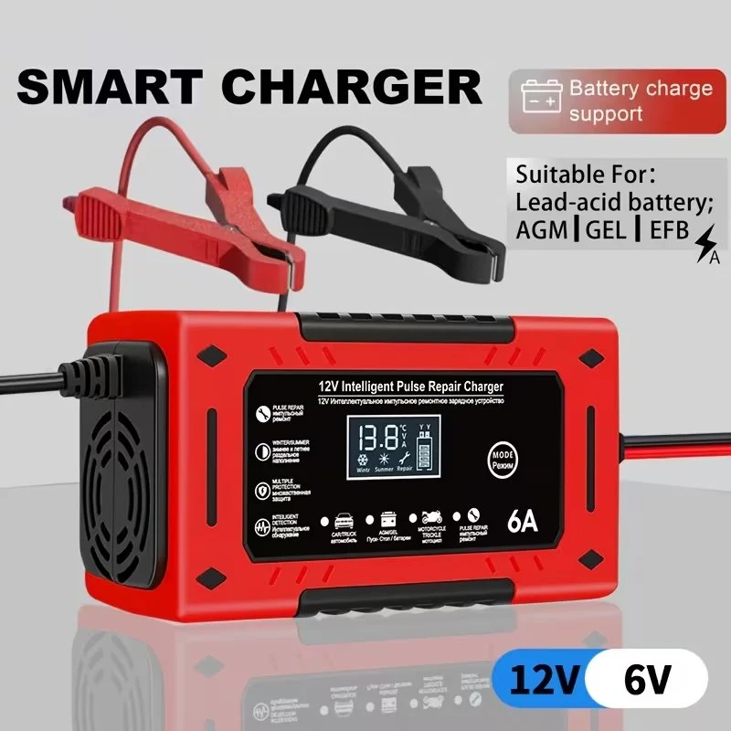 12V 6A Smart Car Battery Charging with LCD Display Smart Battery Trickle Charging Automotive Battery, Temperature Compensation - for Car, Truck, RV, Motorcycle, Lead Acid Batteries, Without Battery