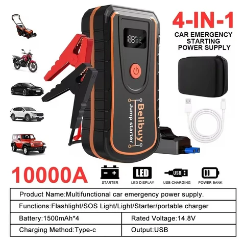 Portable Car Jump Starter Power Bank 10000A Peak - LCD Digital Screen - LED Flashlight SOS Emergency Light - Fast Jump Start - Vehicle Type-C Fast Charger - Outdoor Camping Road Rescue Auto Accessories