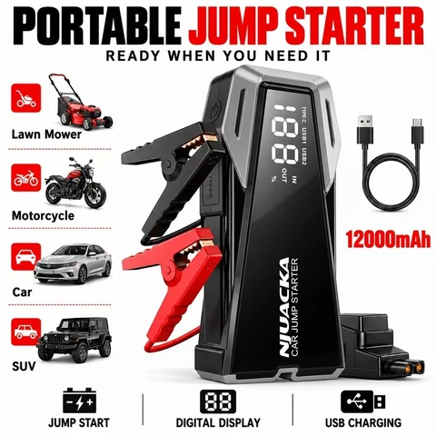 Portable Car Jump Starter, Emergency Battery Booster with USB Power Bank, LED Emergency Light & Smart Digital Display, Compact Car Emergency Tool for Roadside Assistance, Travel & Road Trips, Christmas & Father's Day Gift for Men And Dad.