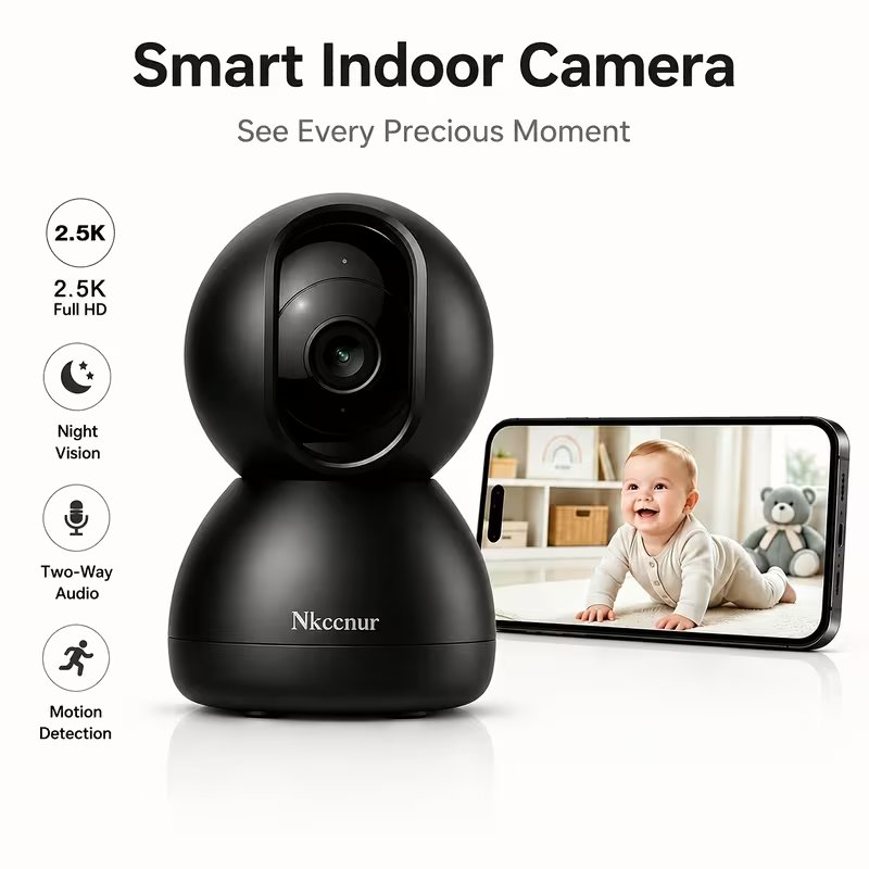 Nkccnur 2.5K Indoor Security Camera with Night Vision & Two-Way Audio